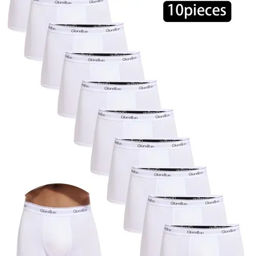 10-Pack Men's White Boxer Briefs, Breathable Polyester Underwear, High-Quality Stretchy Casual Underpants, Comfortable Fit, Fitted Underwear