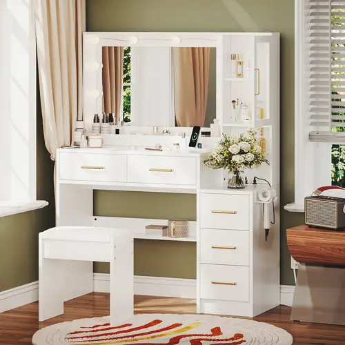 TOKSOM 35.44in Modern Lighted Vanity Table - High-Brightness Stylish Makeup Vanity with Charging Station, 5 Drawers, 1 Dust-Proof Cabinet, Open Storage Shelves, White Drawer-Style Bedroom Dressing Table for Girls, Modern Vanity Table, Lighted Vanity Desk