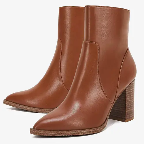 Coutgo Women's Pointed Toe Ankle Boots Chunky Stacked Heel Side Zipper Faux Leather Ankle Booties