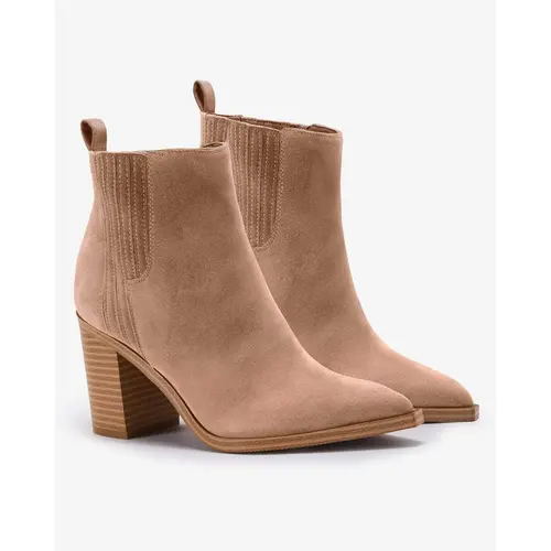 Coutgo Womens Ankle Boots Pointed Toe Chunky Stacked Mid Heeled Faux Suede Leather Booties