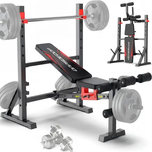 OPPSDECOR Home Gym Adjustable Weight Bench Set - Fast Folding Workout Equipment for Full Body Training, with Squat Rack, Leg Extension, Leg Curl, Adjustable Back/Seat/Barbell Rack, Flat Incline Decline Press Positions, SummerWins, At Home Gym Solution, Ho