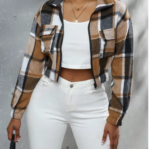 Women's Fall Winter Plaid Button-Front Pocket Jacket, Casual Fitted Long Sleeve Woven Outerwear Coats, Womenswear, Casual Fashionable Outerwear, Casual Outerwears