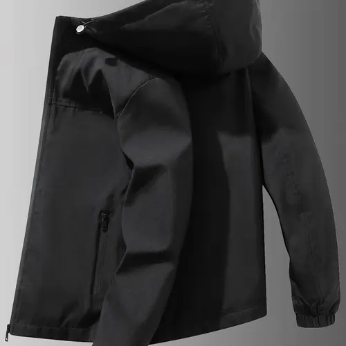 Men's Lightweight Windproof Jacket, Zipper Closure Hooded Design, Polyester Fabric, Casual Outdoor Flight Jacket Fitted, Casual Style Outerwear, Casual Jacket Coat, Casual Outerwears