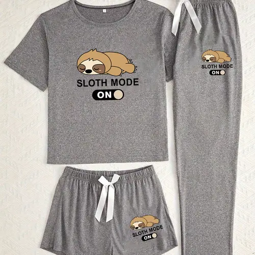 Women's Cartoon Sloth Animal Print Pajama Set, 3 Piece Loungewear Sleepwear Suit, Casual Fitted Nightwear for All Seasons, Comfortable Homewear Pjs Pyjamas, Pajamas Lounge Set