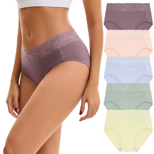 INNERSY Women's Cotton Lace Briefs, 5-Pack Matching High-Cut Panties, Breathable High-Stretch Fabric for a Perfect Fit
