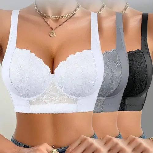 【BackToSchool】Mimilemon Women's 3PCS Wired Lacy Push-Up Bra Set - Solid Color, Contrast Lace Details, Breathable Non-Removable Pads, Everyday Wear Essential - White+Pink+Grey
