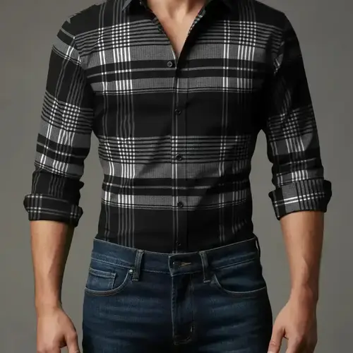 Men's Long Sleeve Casual Plaid Collared Shirt, Button Up Design, Simple Design, Ideal for Dates & Social Events, Great for Spring, Summer & Fall
