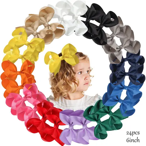JoyBowie Girl's 24-Piece 6-Inch Solid Color Hair Bows - Cute Graphic Hairpins, Versatile Kids' Hair Accessories Set for 10-11 Years, Children, Hair Style Accessory