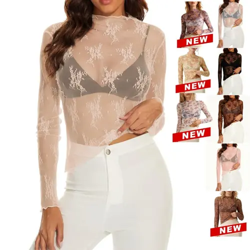 Ommig Women's Floral Lace Blouse, High Neck Long Sleeve Sheer Mesh Layering Top, Trendy Concert Top for Women, Long Sleeve Tops Women