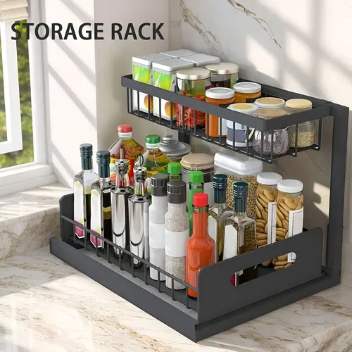 2-Tier Pull-Out Under Sink Storage Organizer - Metal Sliding Drawer Shelf, Space-Saving Bathroom Organizing Accessories for Kitchen, Pantry Cabinet Organization Needs, Shelves