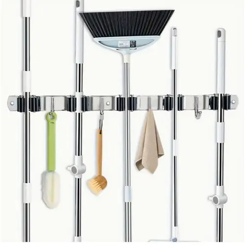 5 Racks and 4 Hooks Mop and Broom Holder Wall Mount, Broom Organizer Storage Tool Racks Stainless Steel Heavy Duty Hooks Self Adhesive Solid Non-slip for Home Kitchen Garden Laundry，homeessentials