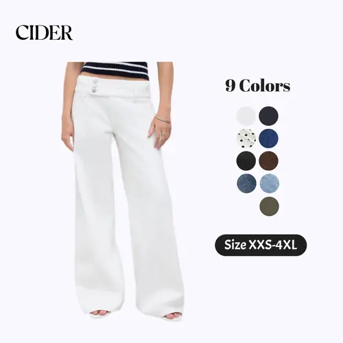 Cider Baggy Wide Leg Jeans Women's Retro Y2K Low Rise Denim Trousers Triple Button Waistband Solid Long Pants for Daily Casual Wear Petite & Plus Size Friendly Minimalist Basic Womenswear Bottom SummerWins SummerFinds