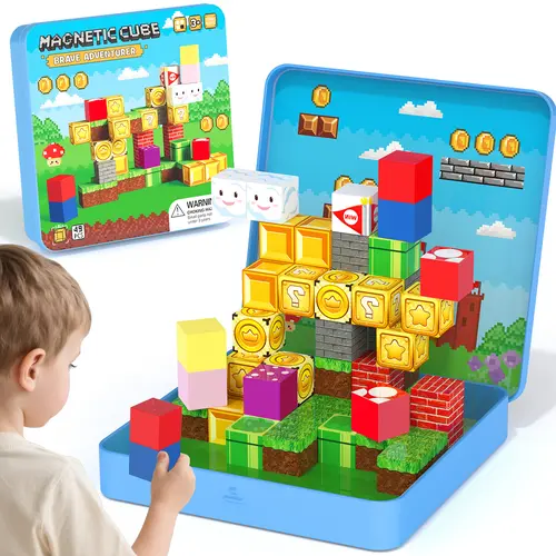 Mini Magnetic Tiles Travel Toys for Kids Ages 4-8, Magnetic Building Blocks Adventure Set with Portable Iron Storage Box & Play Base, STEM Learning Activities for Toddlers 3-5