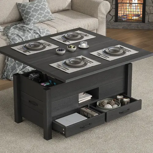FUSOU 39.4" Convertible Lift Top Coffee Table, Multi-Function Coffee Table with 4 Storage Drawers & Hidden Compartment, Wood Center Table for Living Room, Dining Room, Home Office, Black,dorm essentials,home decor