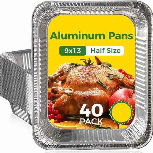 30/40-Pack Aluminium Disposable Bakeware Pans, 9x13 Half-Size Durable Aluminum Foil Baking-Serving Trays, Extra-Thick Oven-Buffet Tin Foil Pans for Heating, Roasting, Food Storage