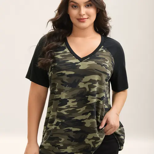 BLOOMCHIC Women's Plus Size Camouflage V-Neck Shortsleeve T-Shirt (M-6X) - Raglan Sleeves, Medium Stretch Moves Easy, Fitted Shape, Breathable Spandex Blend, Casual Fashionable Top, Women's Clothes, Contrast Patch, Summer Outfit,Summerfinds