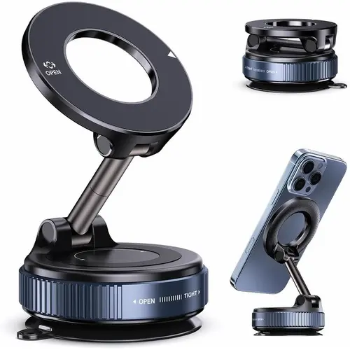 GUCCQUEEN Car Phone Holder, Adjustable Suction Cup Mounts & Holders for Car Interior, MagSafe-Compatible Magnetic Folding Mount for iPhone & Android, No Charging Required