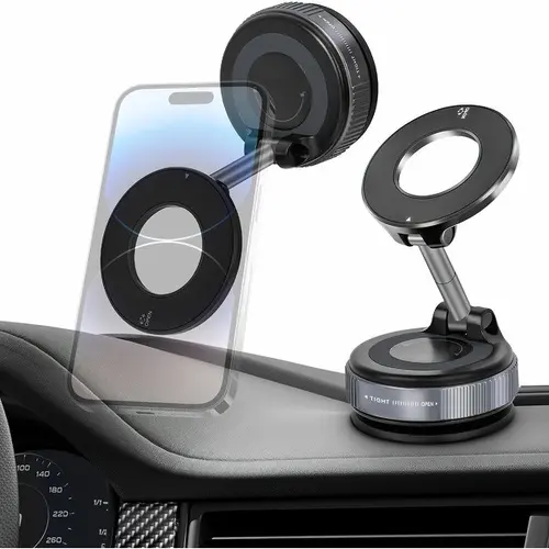 Magnetic Car Phone Mount - 360° Adjustable Magsafe Car Accessories with Suction Cup & Swivel Lock, Folding Secure Holder Smartphone for iPhone & Android Phones