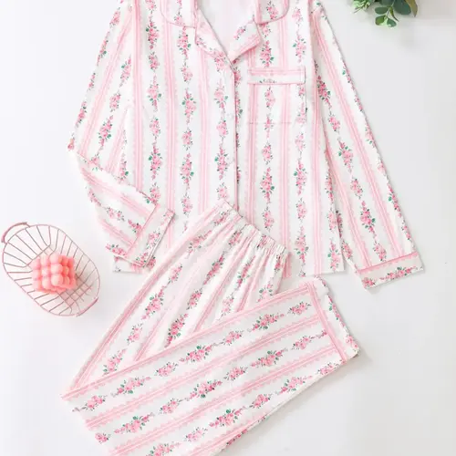 Elegant Floral Pattern Long Sleeve Pajamas Set, Light Button-Up Top and Pants, Casual Fitted Sleepwear, Matching Pyjamas for Spring & Fall, Casual Pajama Sets