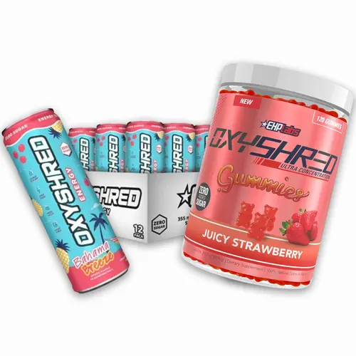 OxyShred Gummies + Sporty Energy Drinks Bundle, Chewy + Can Duo Beverage, 12 Can Pack RTD Cans + On-The-Go Chews, 0 Sugar Focus Support, Grab-And-Go Strawberry Combo
