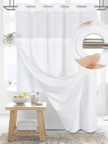Premium No Hook Washable Waffle Weave Shower Curtain Set, Heavy Duty Double Layer with Snap-in Detachable Waterproof Liner & Mesh Window, Modern Bathroom Accessory for Hotel, Salon, Dector, Household Items, bathroom curtains, cortinas para el baño
