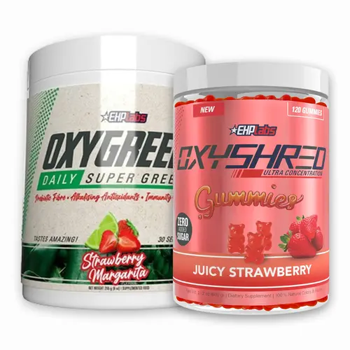 EHPlabs OxyShred Gummies + OxyGreens Vegan Organic Strawberry Vitamin Dietary Supplement Bundle, On-The-Go Energy Chews, Super Greens for Energy & Digestive Balance Grab-and-Go Wellness Combo