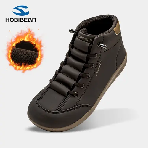 HOBIBEAR Women's Mid-Top Leather & PU Leather Wide Feet Slip-On Walking Boots - Warm Plush Lining, Flexible Rubber Sole, Anti-Slip Casual Trainers (Size 6.5 Wide Width)