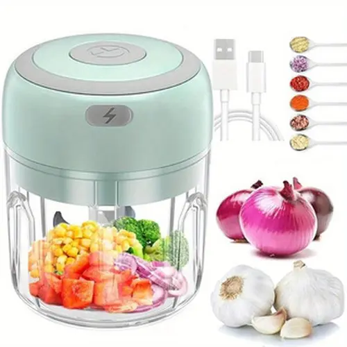 Garlic crusher USB-charged portable electric garlic chopper (green, 250ml): minces garlic, ginger, meat, veggies—great Mother's Day gift.