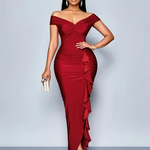 Ladies' Formal Evening Dress, Evening Event Clothing, Chic Elegant One-Shoulder Deep V-Neck, High Slit Asymmetrical Hem, Ruched Pleated Cinched Waist Design, Suitable For Weddings, Parties, Valentine's Day, Dinners, All Seasons