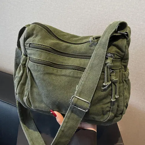 Retro Distressed Commuting Shoulder Bag, Multi-Zipper Layered Design with Adjustable Wide Strap, Workwear-Style Practical Commuter Messenger Bag for Daily Commute & Outdoor Use