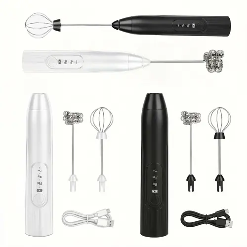 Rechargeable Handheld Electric Milk Frother (Black/White) - Detachable Head Design, 2 Stainless Steel Egg Beaters, Easy Cleaning, Versatile for Lattes, Cappuccinos