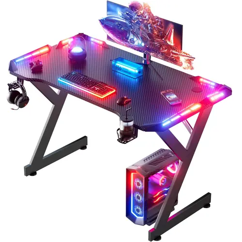 Black Y-Shaped Carbon Fibre Gaming Desk (40-in) – Esports Office Furniture with RGB Lights, Cup Holder (Keeps Drinks Close at Hand), Headphone Hook, Stable on Uneven Surfaces, Quick Easy Assembly, Desks for Gaming