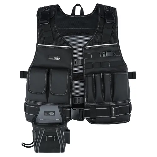 MELOTOUGH Men's Adjustable 6-Pocket Tool Vest with Buckle, Pouches, Detachable Belt, Breathable Mesh, Reflective Strips, Mesh Back, 50-in Long Construction Gear for HVAC Technicians