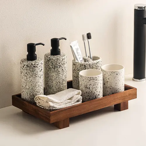 CEEFU Handmade Acacia Wooden Rustic Multi-Size Bathroom Counter Organizer with Handmade Detail - Non-Deformable Shampoo Holder, Natural Wood Grain, Solid Construction, Bathtub Accessory, Fits Home Bathrooms