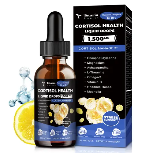 Totaria Health Cortisol Health Liquid Drops 1500mg - 2 fl.oz Non-GMO Plant-Powered Antistress Sleep Supplement with Magnesium, Ashwagandha, Rhodiola Rosea, L-Theanine, Phosphatidylserine for Mood, Focus, Supplement Routine, Caffeine-Free Lifestyle