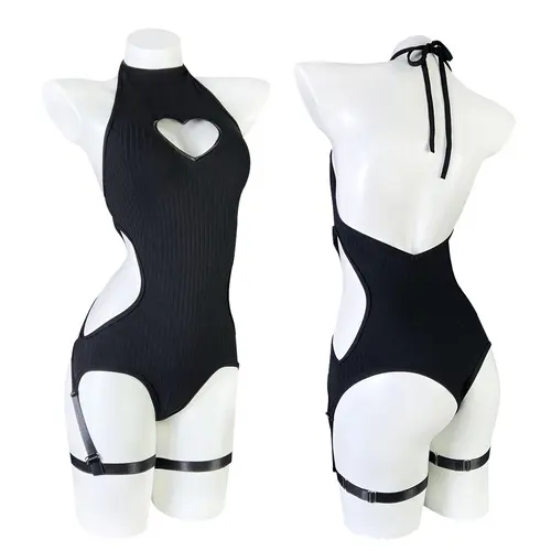 KORURACLUB Women Black Backless Bodysuit Heart Cutout Elegant Fit Top