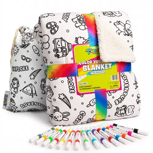 Craftikit Kids Coloring Sherpa Blanket Activity Kit - 60" by 40" Comfy and Cozy Fluffy Lightweight Blanket, Travel Animals Animal Fun Design, Fabric Markers, Travel Tote Bag, Custom Option, Kid-Made Sleepover Buddy Birthday Gift