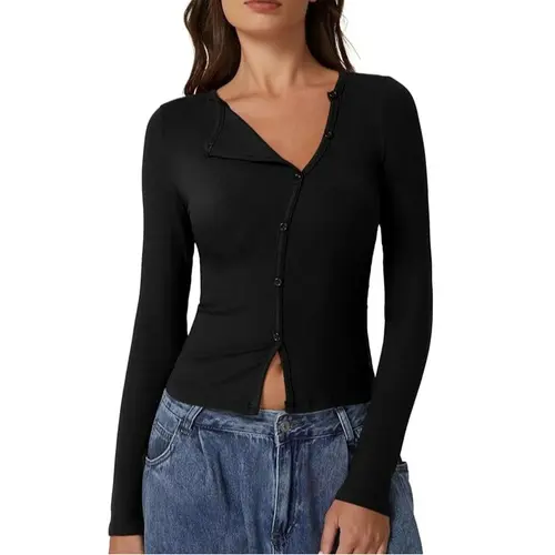 QINSEN Women's Long Sleeve Ribbed Crewneck Shirts Upper Button Fastening Going Out Tops