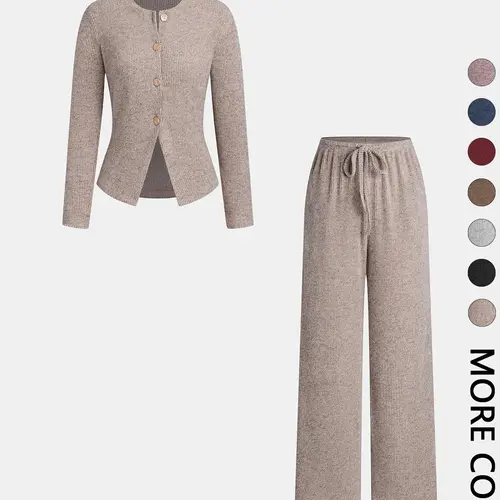 Women's Autumn Winter Basic Set, Knit Outfit Set, Knitted Long Sleeve Boat Neck Top with Buttons & Ribbed Long Pants with Drawstring Adjustable, Casual Loose Fit for Ladies, Womenswear Clothes
