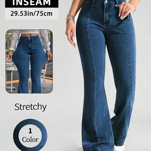 Women's Blue Washed Denim Woven Flared Pants, Light Flare Jeans, Bell Bottom Jeans, Womenswear Chic Fashionable Elegant Style Comfortable Versatile Everyday Elastic Jeans, Fitted Long Leggings for All Seasons