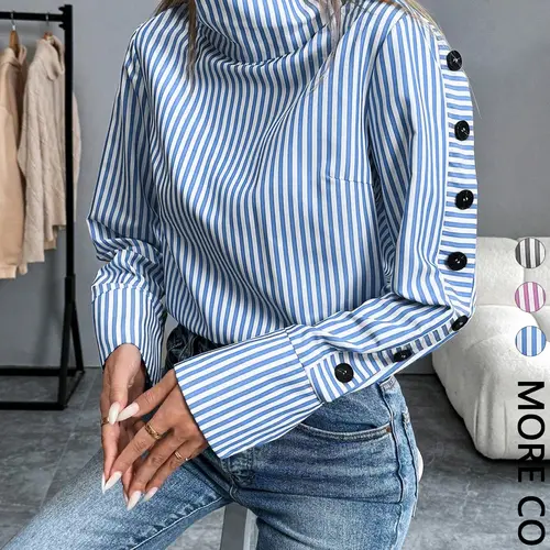 Women's Casual Striped High-Neck Long Sleeve Shirt, Button Design, Daily Wear, Fall/winter, Office Commute Essential, Fitted Style, All Seasons