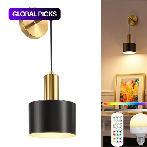 Battery Powered Wall Mounted Lamp, Indoor Wall Light, Wireless Charging Dimmable Wall Lamp with Adjustable Light Bulb & Remote Control, Suitable for Bedroom Lighting, Living Room, Corridor, Battery Operated Lamp #GLOBAL PICKS
