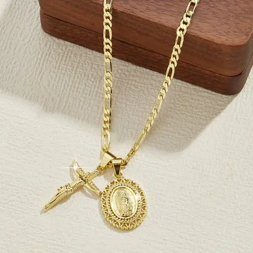 Fashion Classic Double Faith Pendant Necklace, Jesus Crucifix & Our Lady of Guadalupe Charms, Gold Plated Christian Religious Jewelry, 24 Inch Flat Figaro Chain, Prayer Gift for Party