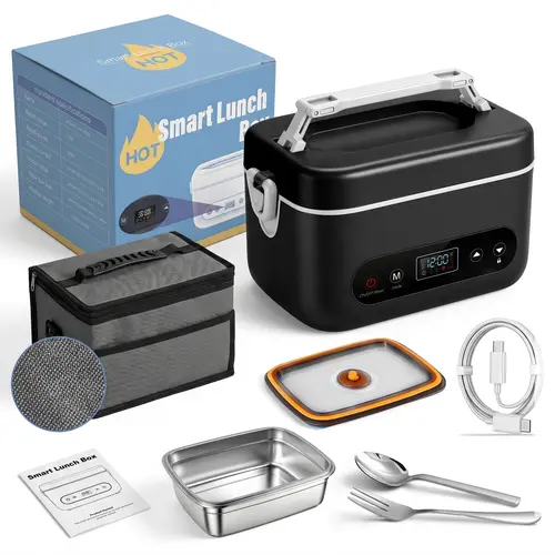 Cordless Heated Lunch Box - Leakproof, Insulated, Non-Toxic Stainless Steel Thermal Tableware Set with Lid, 12000mAh Battery, 220°F Max Warmer, Included Fork, Portable for Office/Car, Dishwasher Safe, Lunch Boxes,home essentials