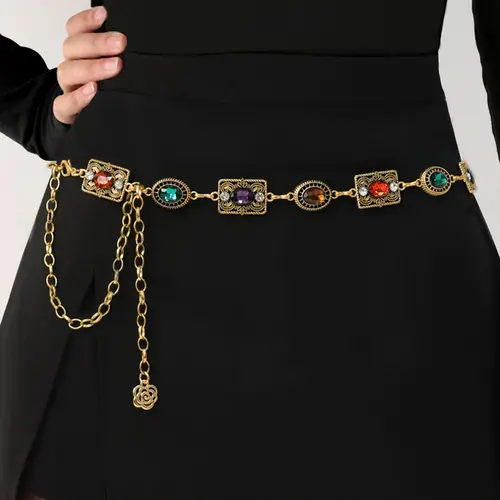 Vintage Metal Floral Waist Chain for Women, Rhinestone Chain Belt, Fashion Accessory for Dresses, Autumn Winter Versatile Waist Strap, Rhinestone Studded Belt, Belts for Dresses, Rhinestone Decorated Belt, Decorative Belt