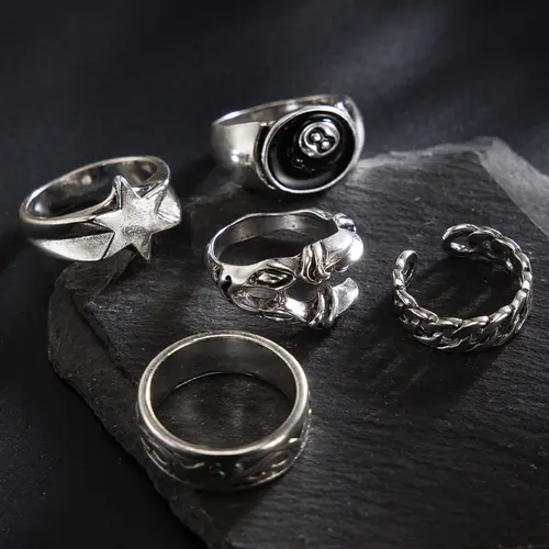 5-piece punk-style antique silver eagle claw ring set, retro punk style rings, designed with 8-ball, hexagram and eagle claw elements, antique silver unisex jewelry, Dark Aesthetic Rings, Unique Rings