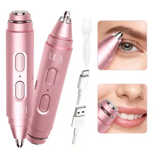LILA 2-in-1 Rechargeable Dual-Head Electric Eyebrow Shaper & Facial Hair Trimmer, Precision Shaver with LED Light for Painless Hair Removal, Fast-Charging Grooming on Face, Chin, Lips, Cheeks, Lightweight Rose Gold