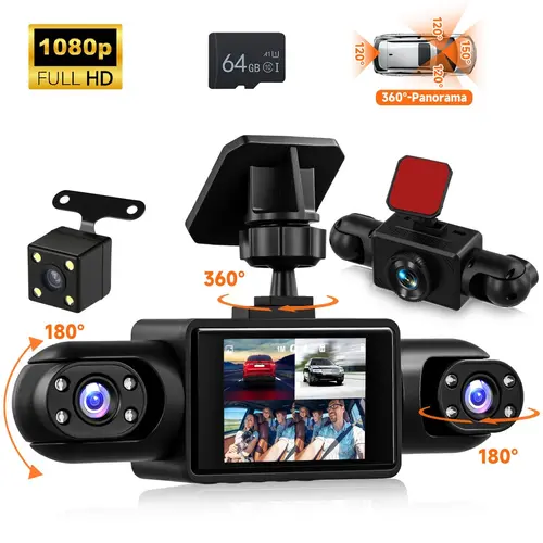 4 Channel Car Dash Camera - 1080P Driving Recorder with 64GB Memory Card, 2" IPS Screen, Built-in Stereo, Rear Camera Monitor, All Cars Front Rear Left Right Video Surveillance with Motion Detection