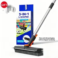 3-in-1 Stainless Steel Floor Scrub Bathtub Brush with Long Adjustable Handle - Bristle Scraper Broom, Water Broom, Rotating Head Scrubber-Squeegee Combo for Interior Household Items Bathroom Cleaning Glass Garage