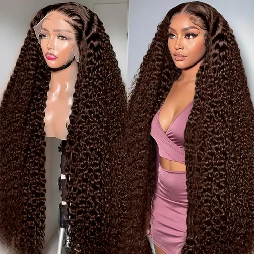 Chocolate Brown Deep Wave Lace Front Wigs Human Hair 13x6 HD  Lace Frontal Wigs for Black Women Pre Plucked 200% Density 4# Brown Color